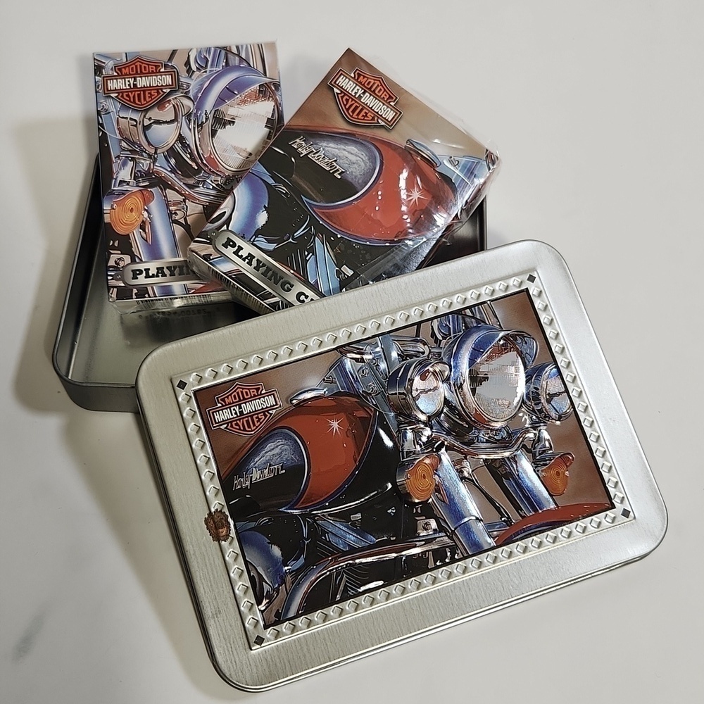 HARLEY DAVIDSON COLLECTOR TIN & 2 DECKS OF PLAYING CARDS MOTORCYCLES New In Box